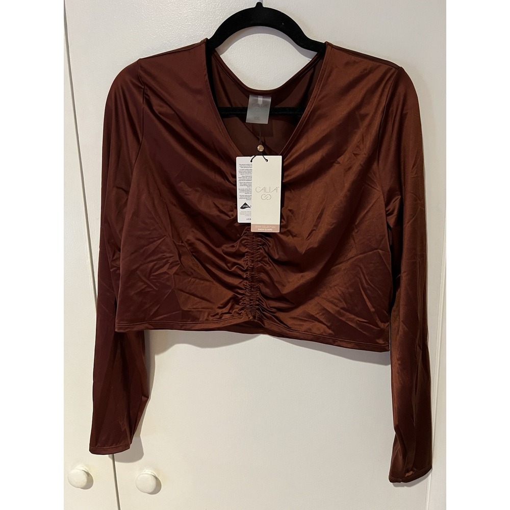 NWT Calia‎ Rash Guard XXL Long Sleeve Ruched Top Red Brown Womens Swim Shirt